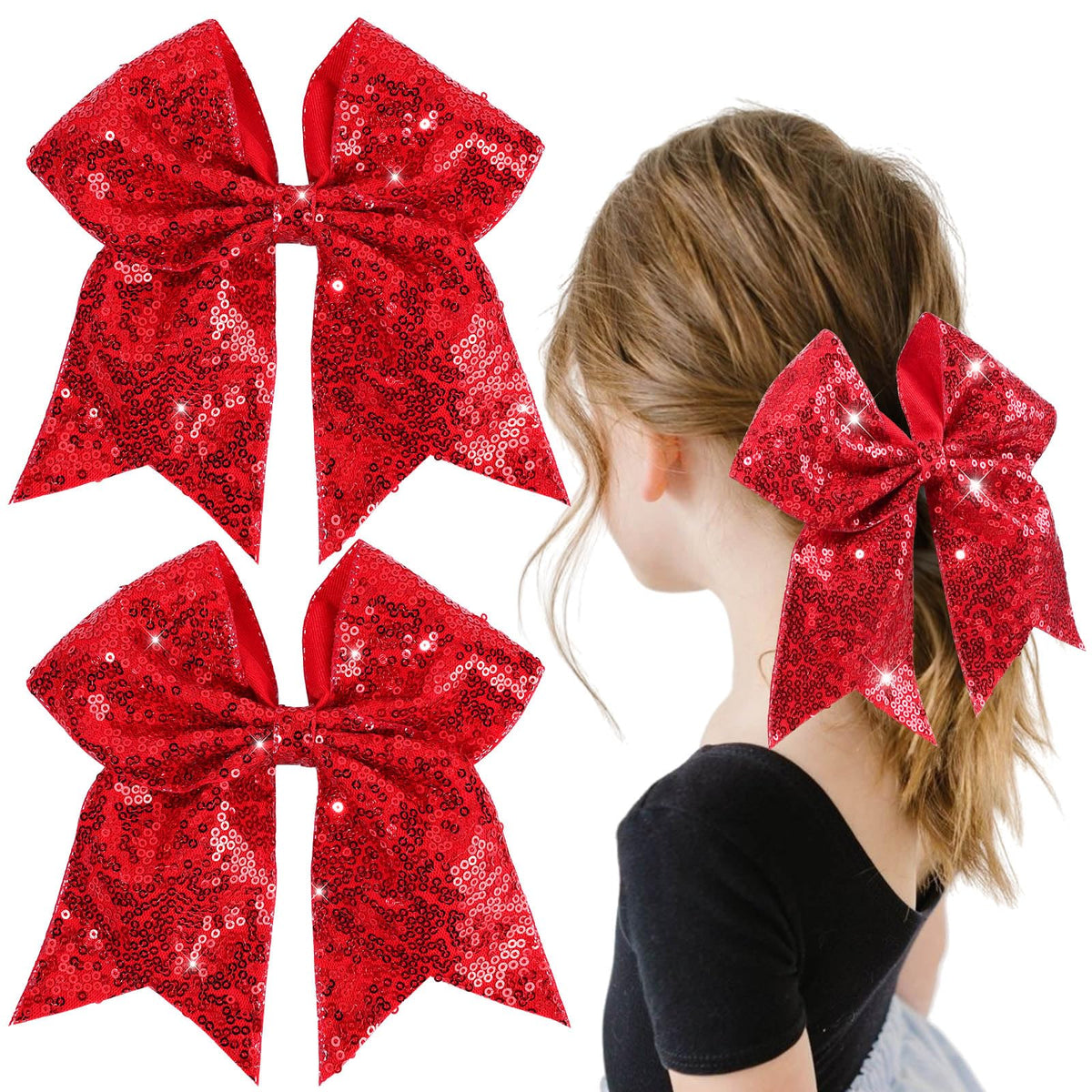 OAOLEER glitter cheer bow clip in red for game day and ponytails with secure hold.