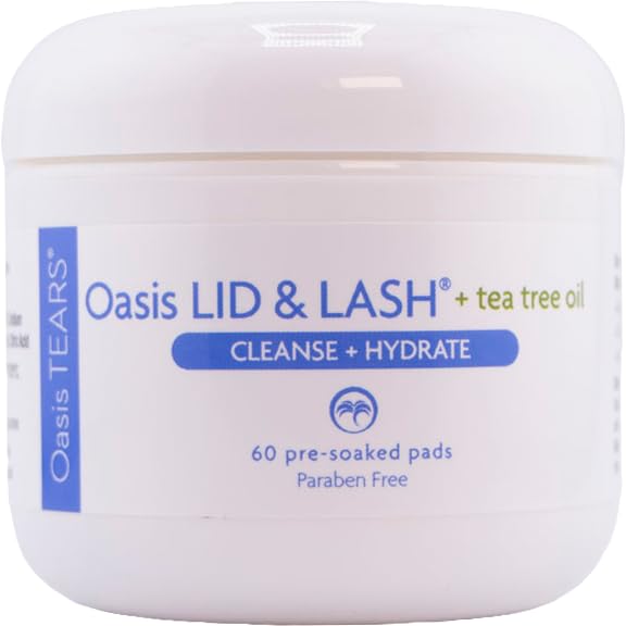 Oasis LID & LASH bottle close-up showing hydrating tea tree cleansing.