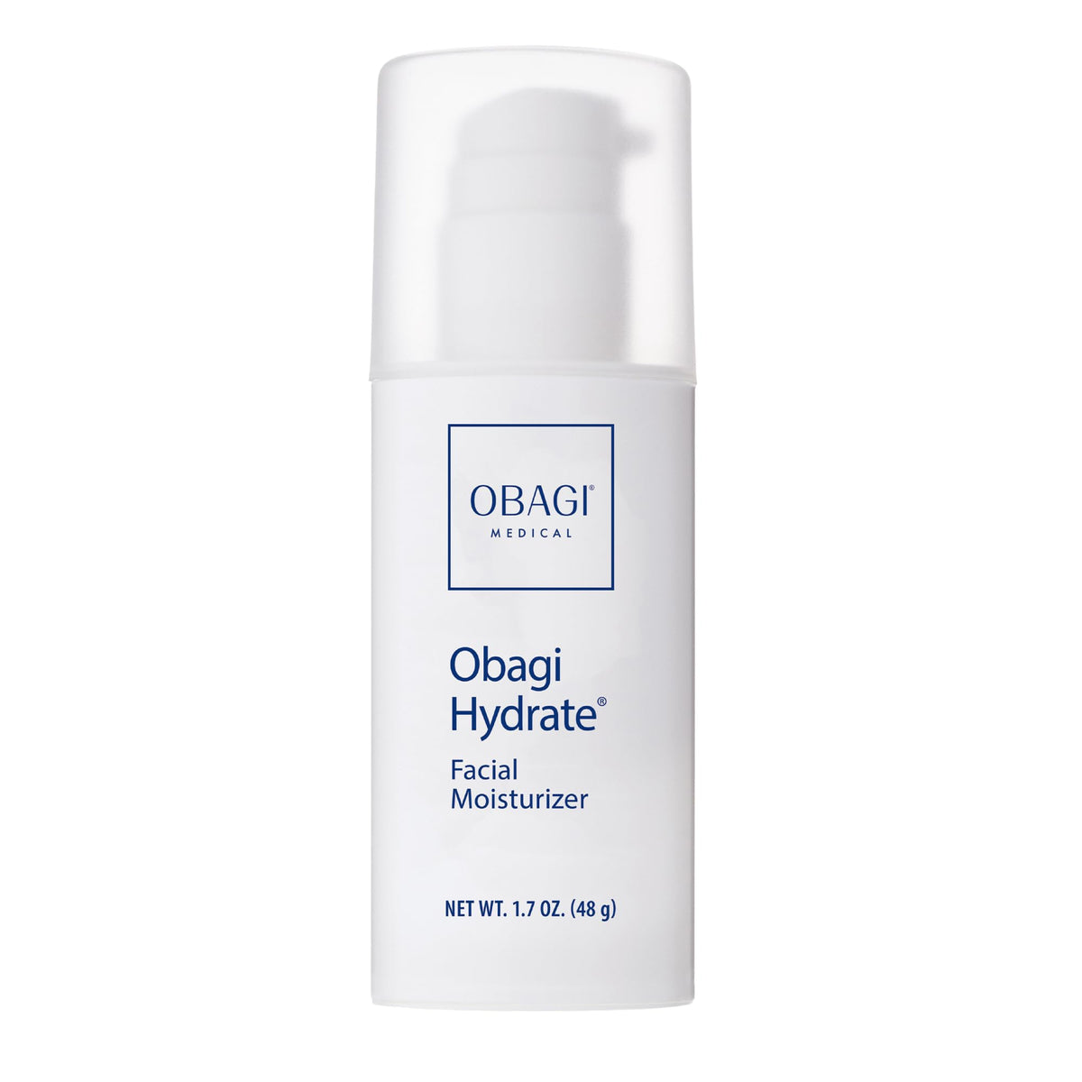 Obagi Hydrate facial moisturizer bottle closeup shows easy pump for all-day hydration