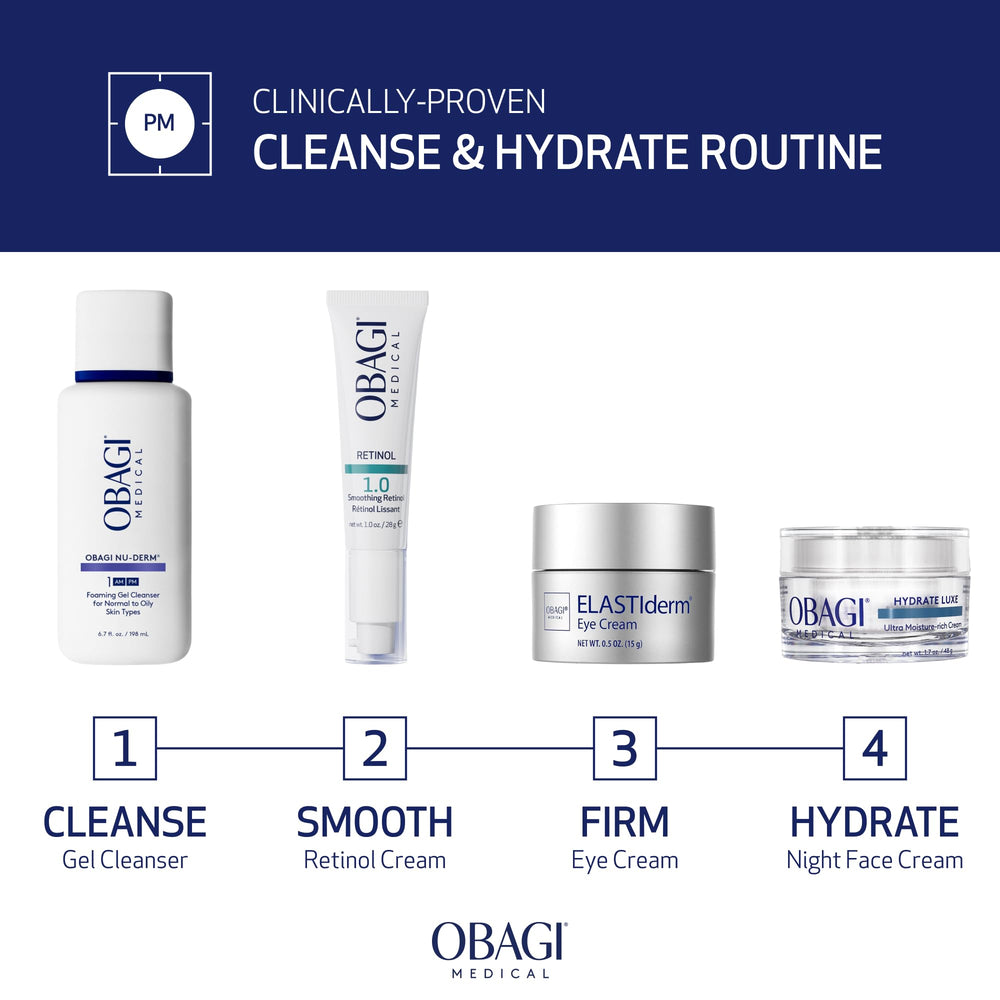 Obagi Hydrate Luxe application on bathroom mirror scene suggesting overnight hydration ritual
