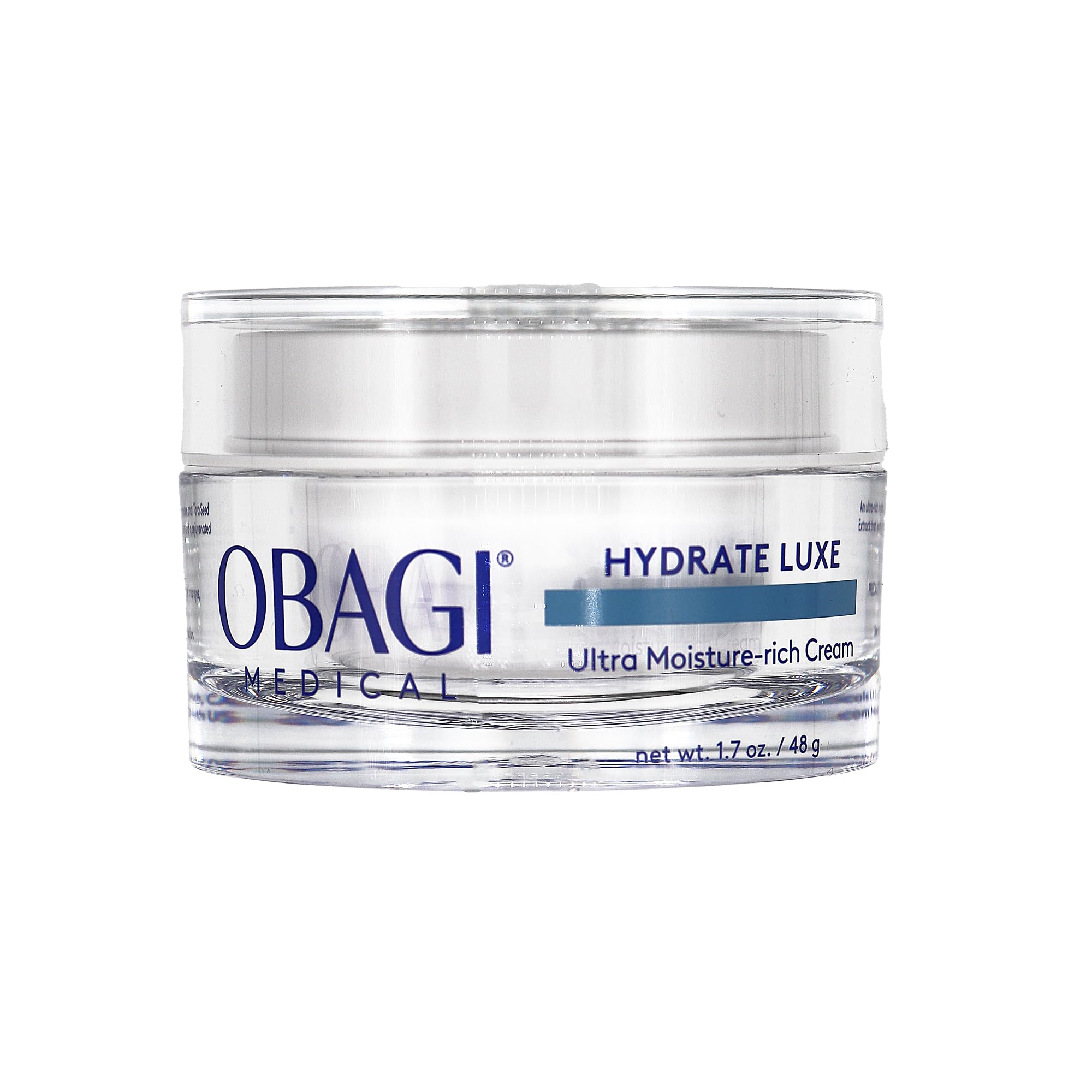 Obagi Hydrate Luxe night cream balm texture shown on a bathroom shelf for deep overnight hydration