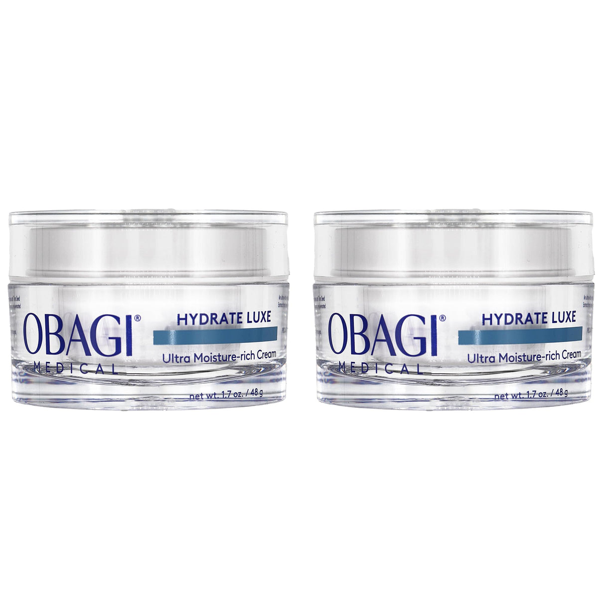 Obagi Hydrate Luxe night cream tub closeup showing rich texture for deep nighttime hydration.
