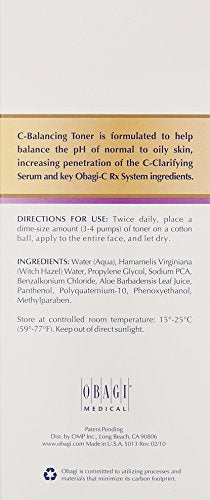 Closeup of Obagi Medical C-Balancing Toner label highlighting alcohol-free formula