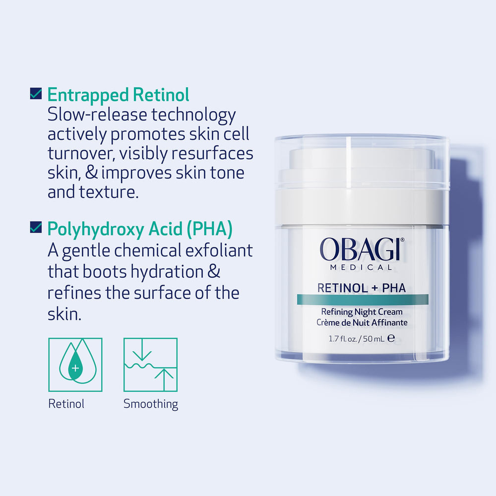 Obagi Medical Retinol + PHA Refining Night Cream in bathroom setting conveys daily skincare ritual