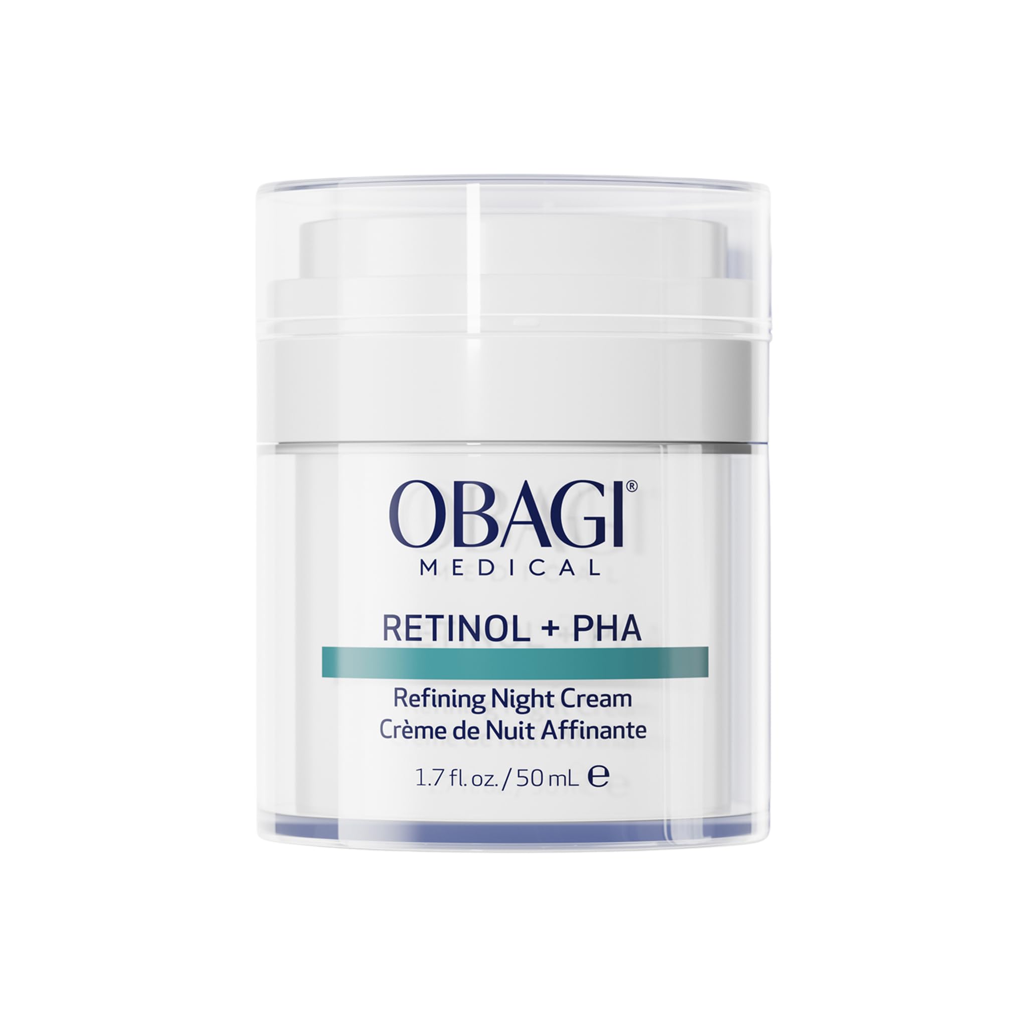 Obagi Medical Retinol + PHA Refining Night Cream tube highlighting dual-action formula for smoother skin