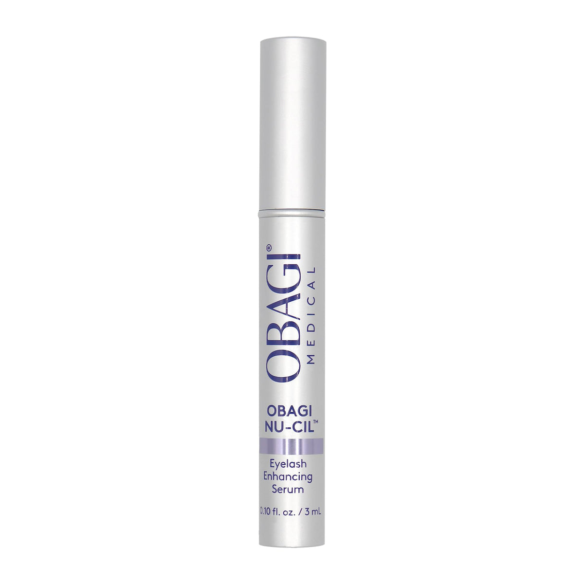 Obagi Nu-Cil serum bottle closeup highlighting premium lash nourishment for daily use.