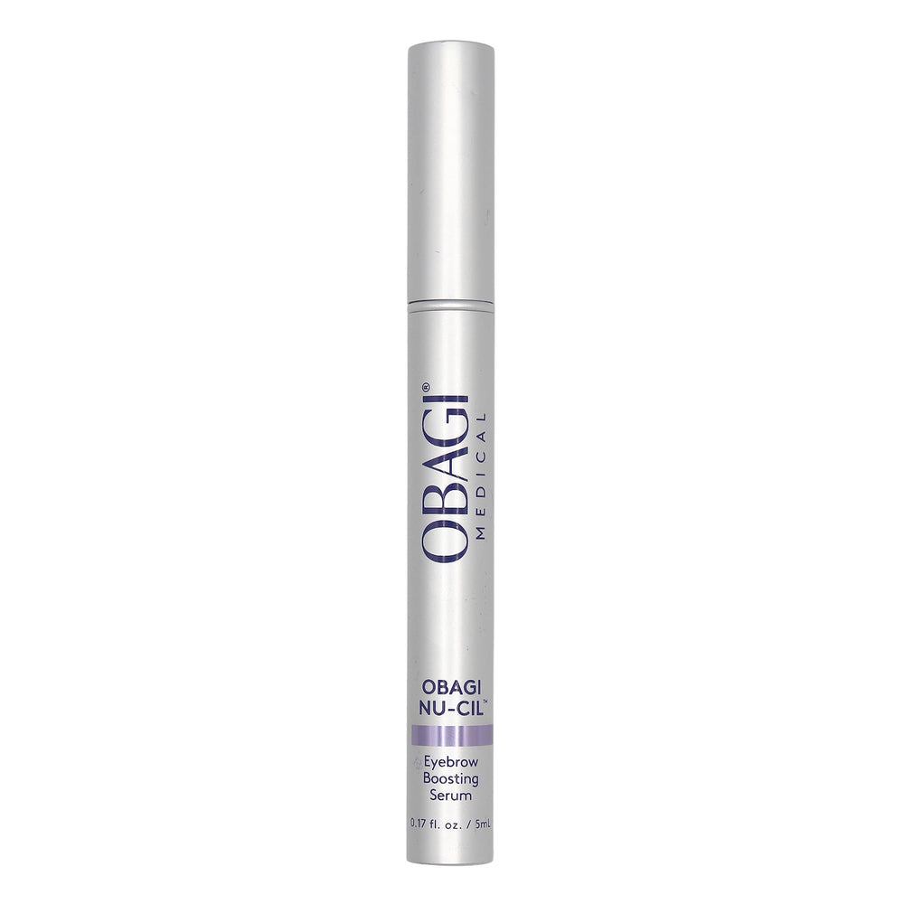 Obagi Nu-Cil serum bottle close-up highlighting fuller-looking brows.
