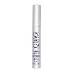 Obagi Nu-Cil serum bottle closeup highlighting premium lash nourishment for daily use.