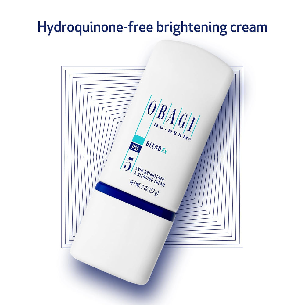 Obagi Nu-Derm Blend Fx brightening cream close-up shows rich texture aimed at evening skin tone.