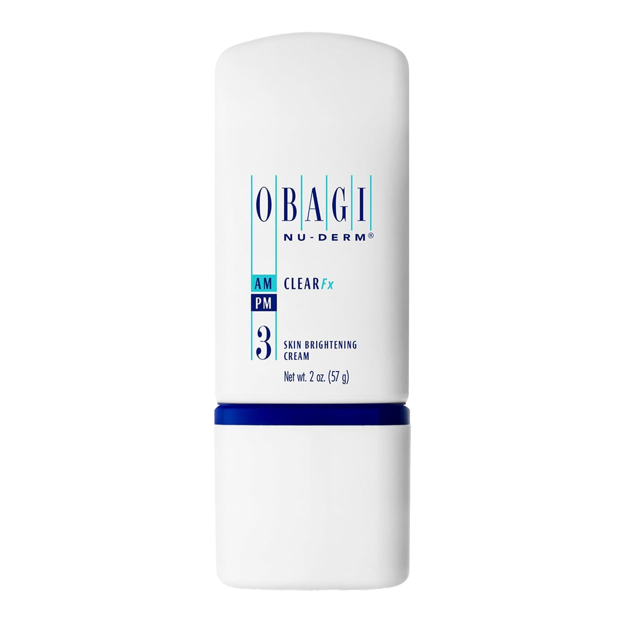 Obagi Nu-Derm Clear Fx jar close-up highlights brightening cream for even tone.