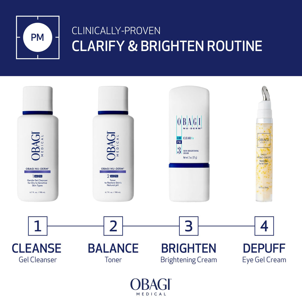 Obagi Nu-Derm Clear Fx packaging display communicates a complete system for dry skin.
