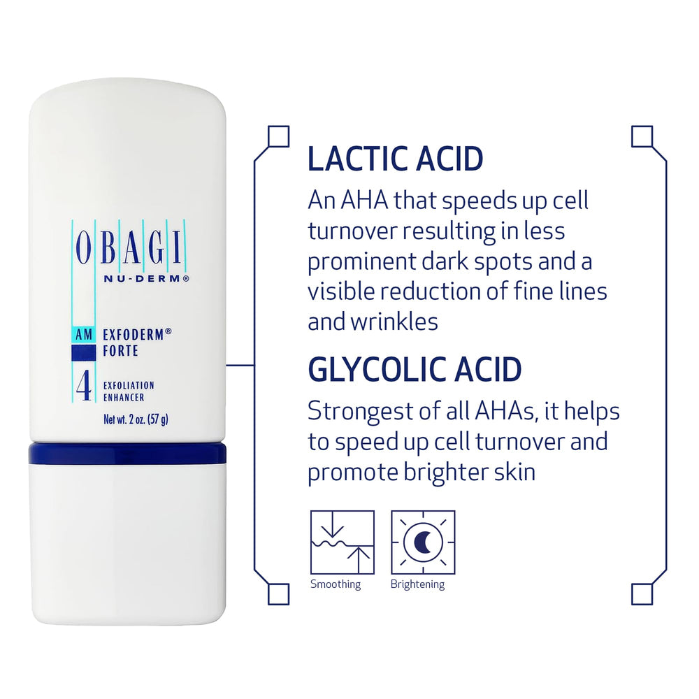 Obagi Nu-Derm Exfoderm Forte label detail highlights AHAs for gentle exfoliation