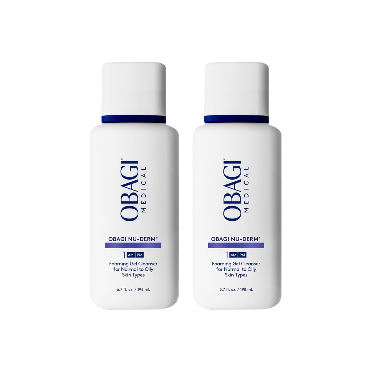 Obagi Nu-Derm Foaming Gel bottle highlights a gentle cleanser for daily oil control.