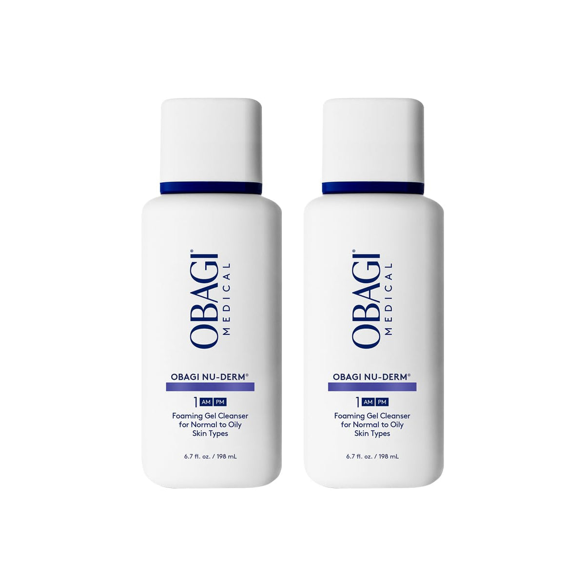 Obagi Nu-Derm Foaming Gel bottle highlights a gentle cleanser for daily oil control.