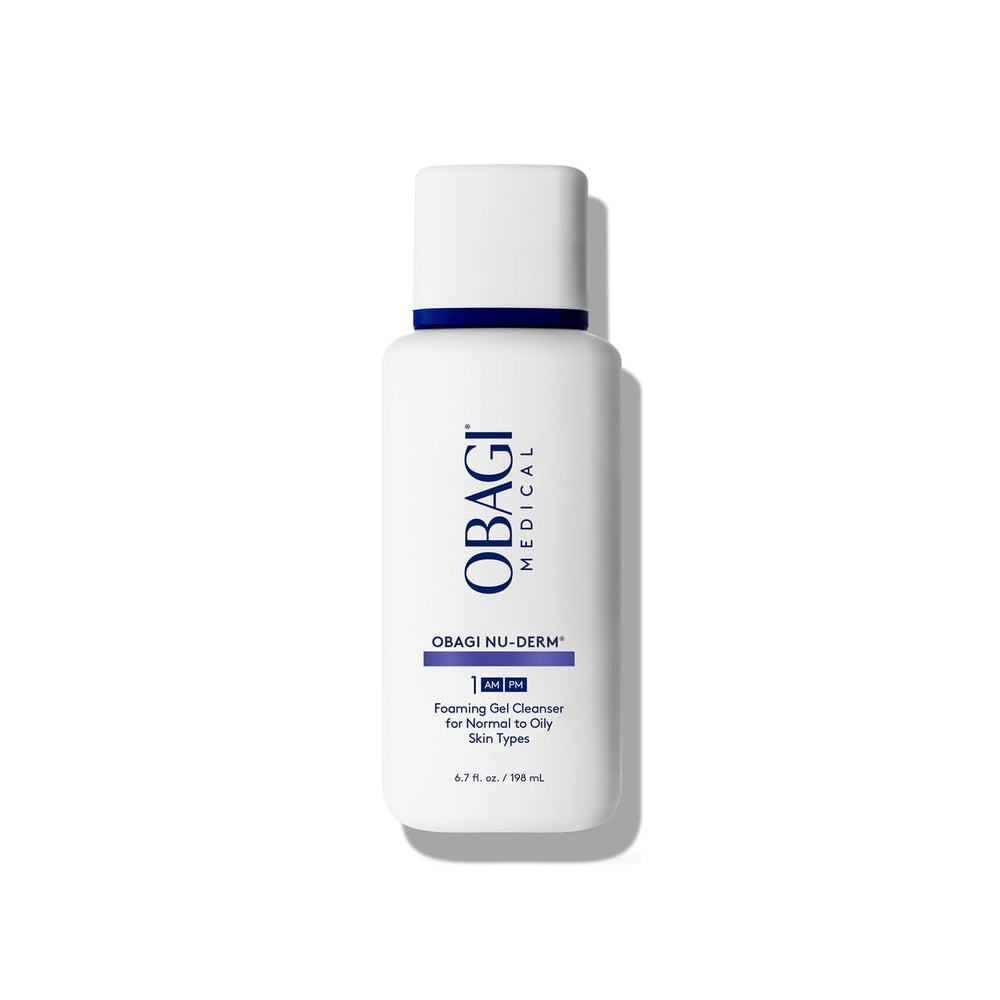 Obagi Nu-Derm Foaming Gel Cleanser bottle front shows deep cleansing potential.