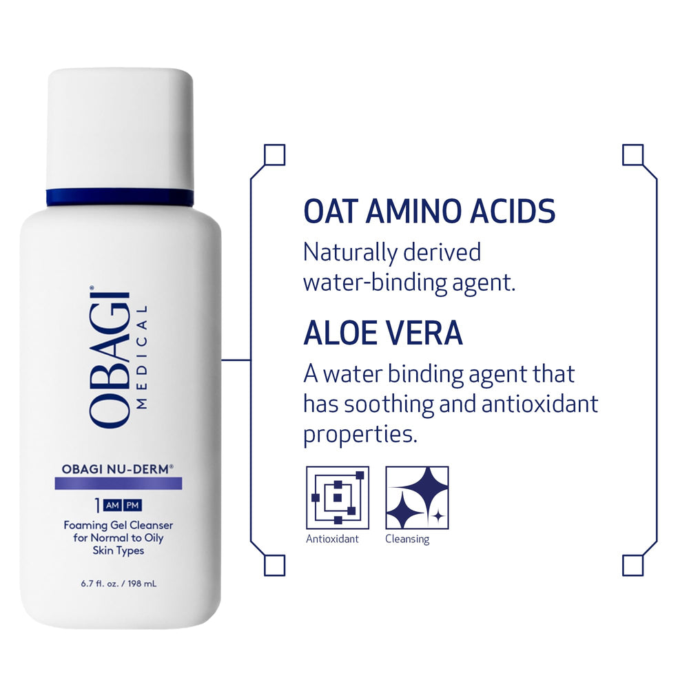 Obagi Nu-Derm Foaming Gel Cleanser face close-up reveals clean, refreshed skin.