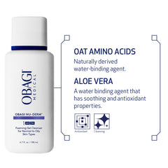 Obagi Nu-Derm Foaming Gel Cleanser face close-up reveals clean, refreshed skin.