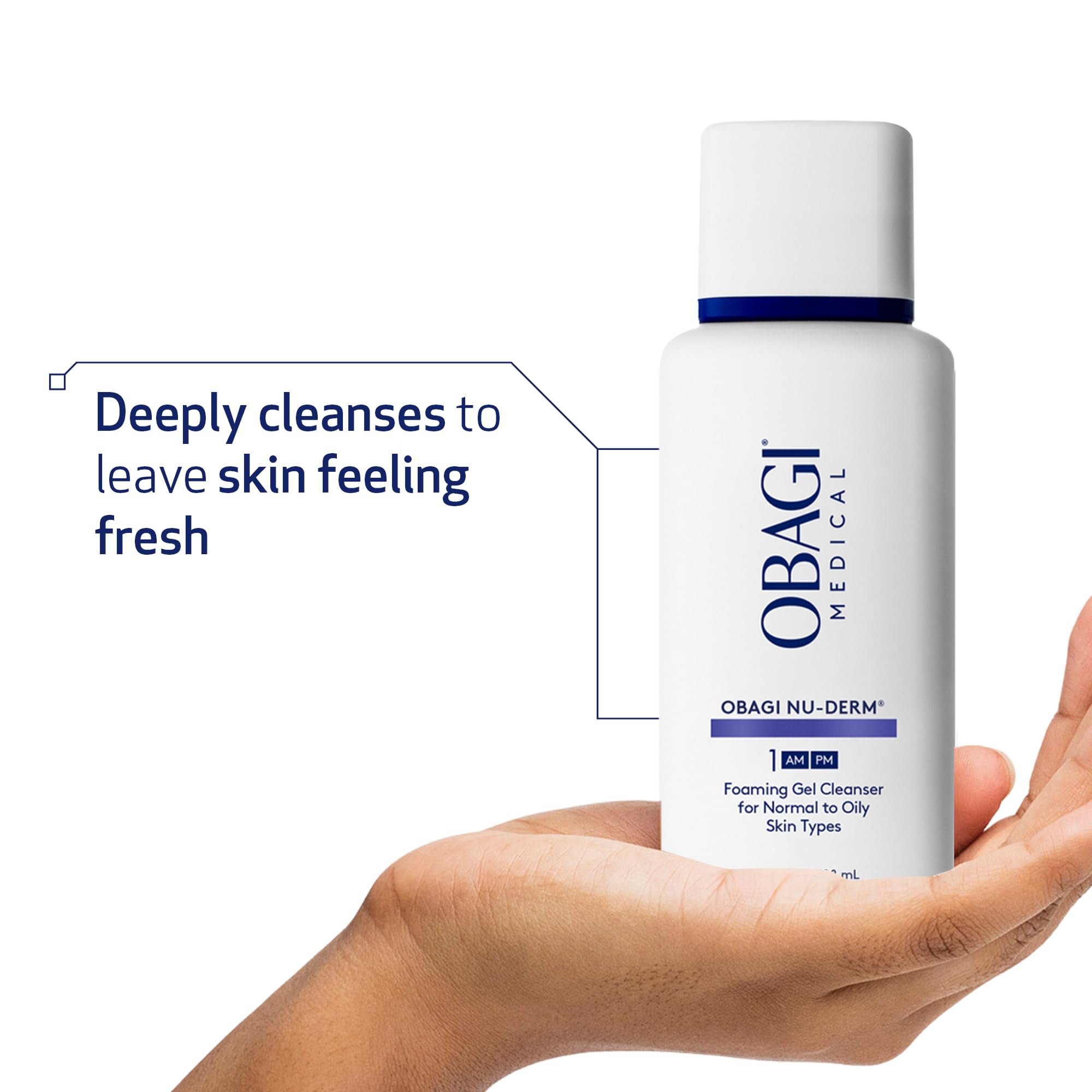 Obagi Nu-Derm Foaming Gel hand application shows cleansing that refreshes sensitive skin.