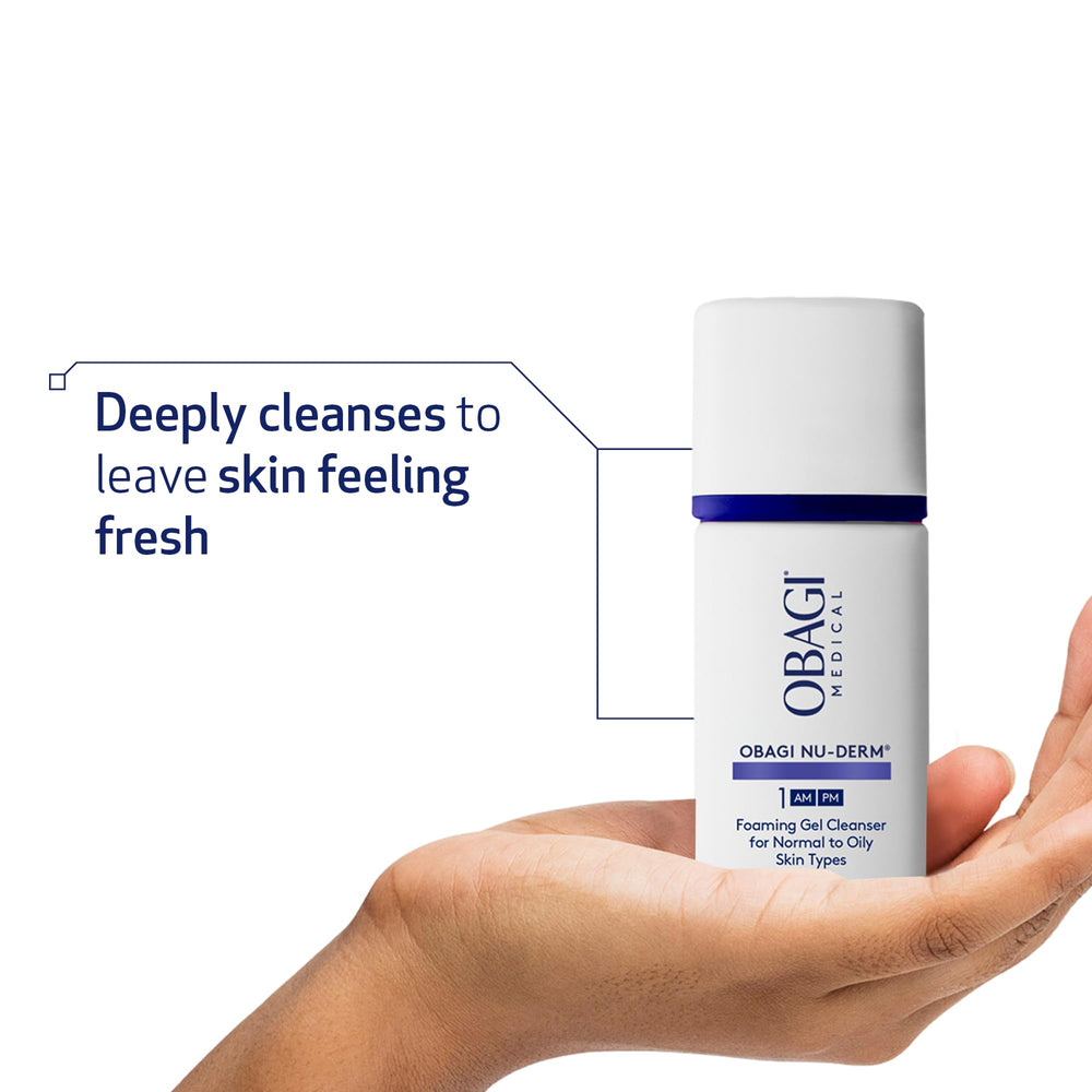 Obagi Nu-Derm Foaming Gel travel-size bottle fits on-the-go routine.