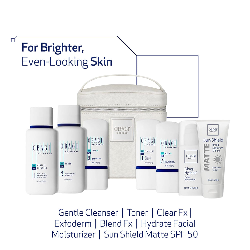 Obagi Nu-Derm Fx brightening serum bottle, promotes even skin tone and brighter complexion