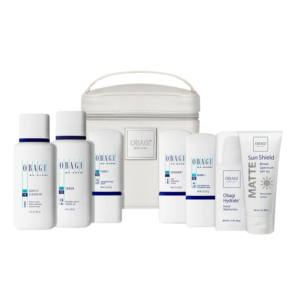 Obagi Nu-Derm Fx system packaging, premium skincare for normal to dry skin