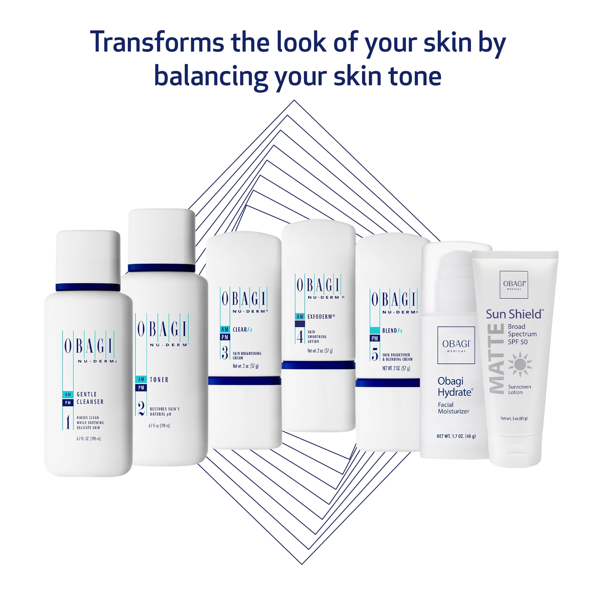 Obagi Nu-Derm Fx toner bottle, balances moisture and preps skin for brighter results