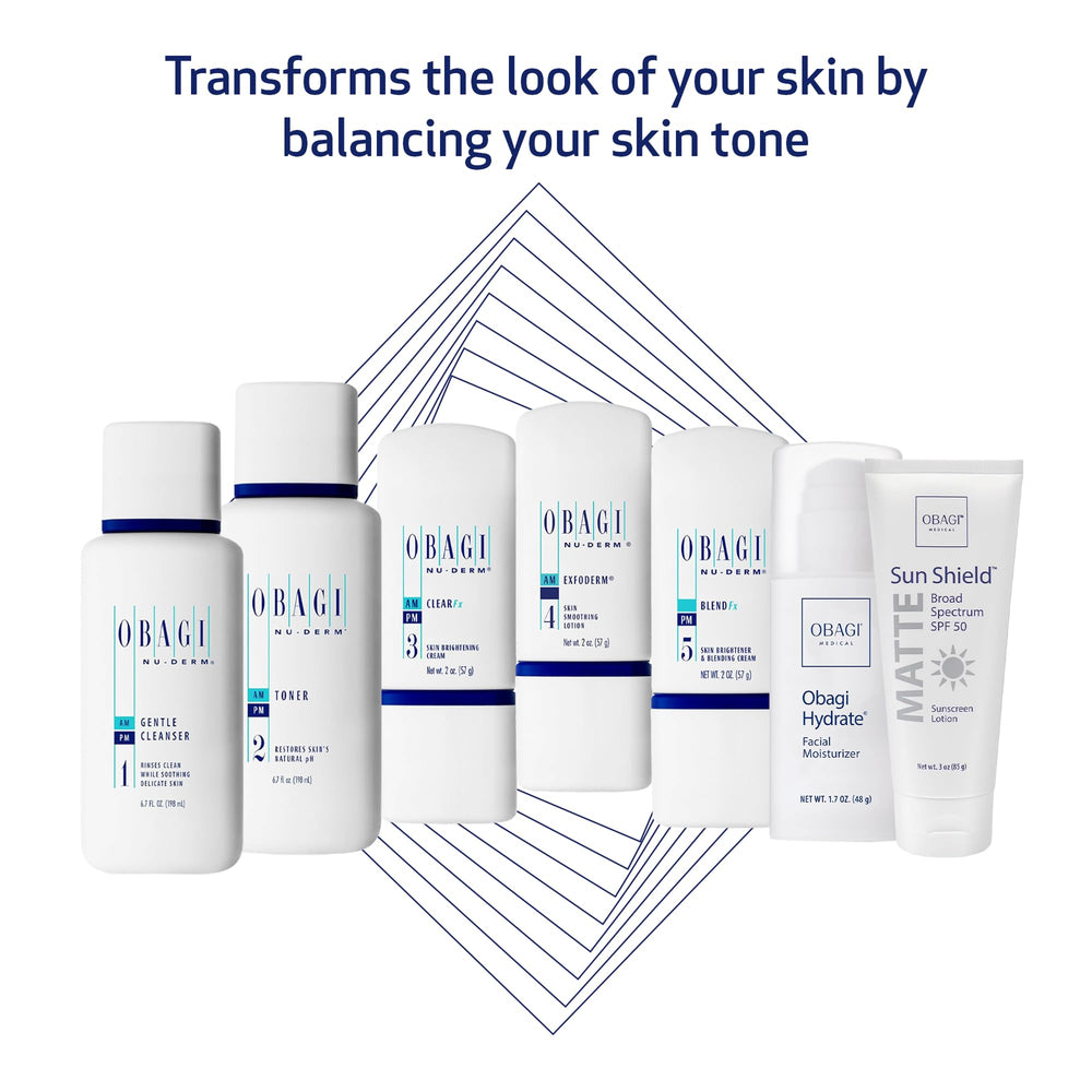 Obagi Nu-Derm Fx toner bottle, balances moisture and preps skin for brighter results