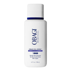 Obagi Nu-Derm Gentle Cleanser bottle demonstrates daily cleansing for a fresh, clean feel