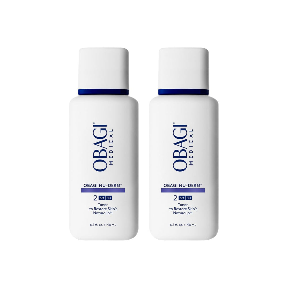 Obagi Nu-Derm Toner bottle close-up showing an alcohol-free balancing formula for gentle skin balance.