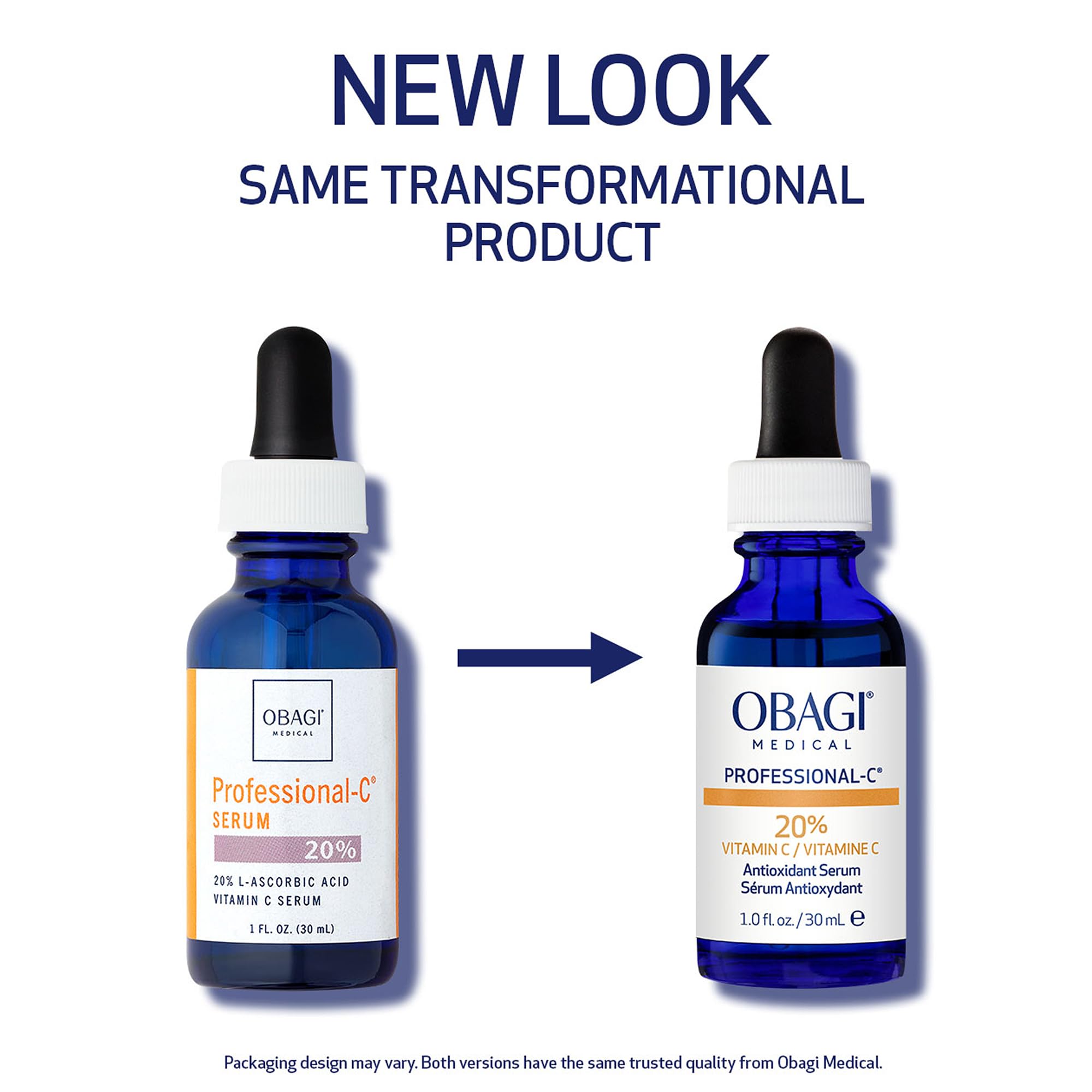 Obagi Professional C Serum 20% amber bottle on bathroom shelf supports daily skincare.