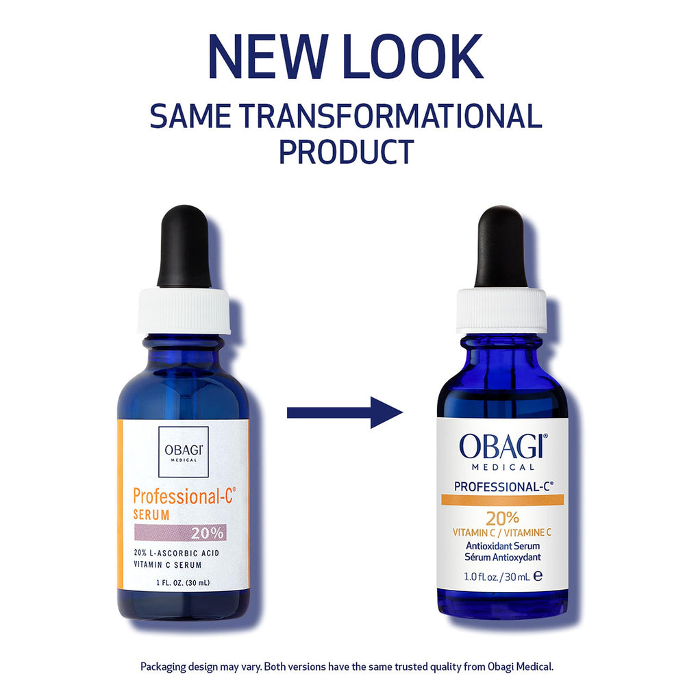 Obagi Professional C Serum 20% amber bottle on bathroom shelf supports daily skincare.