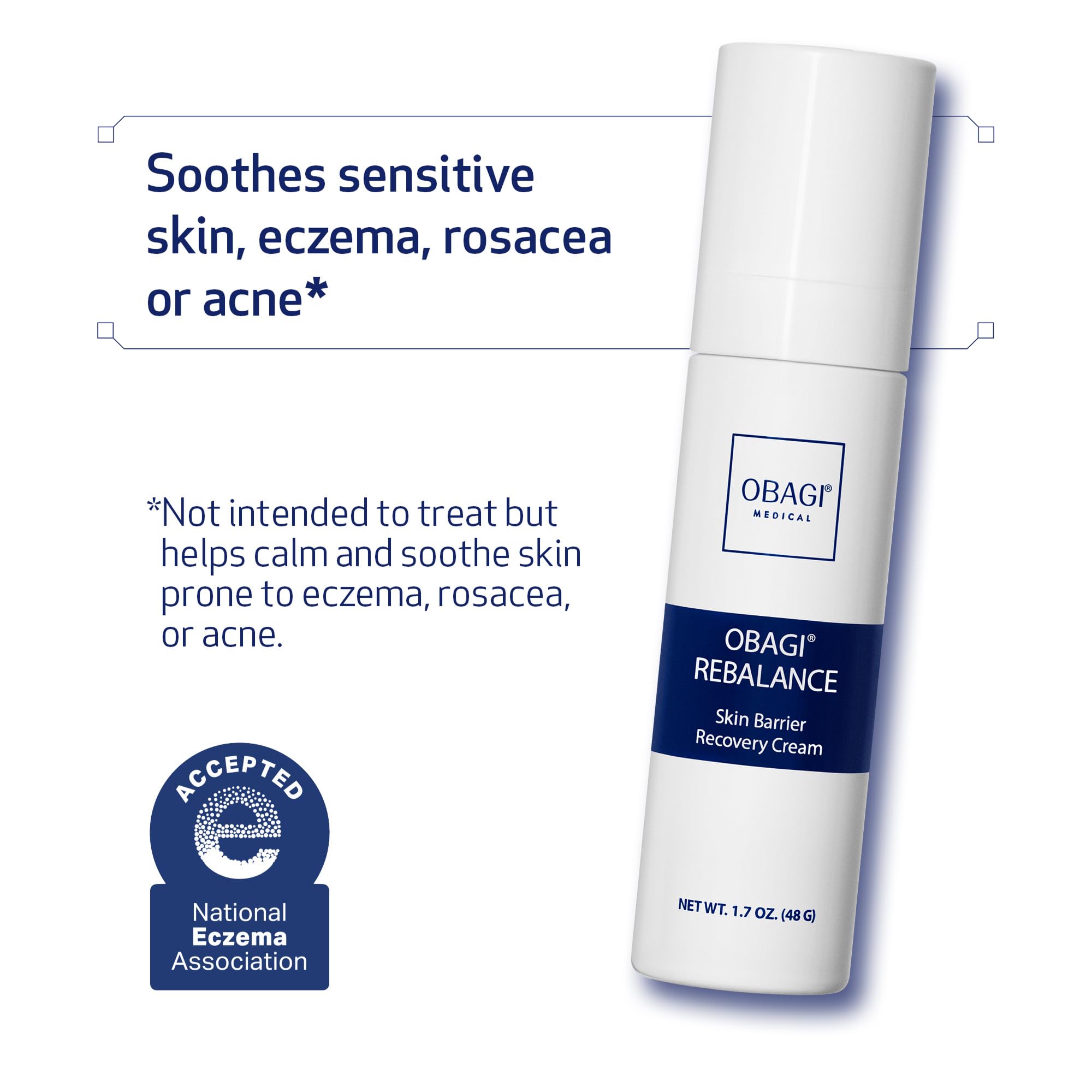 Obagi Rebalance cream texture swirl highlights silky, fast-absorbing formula.