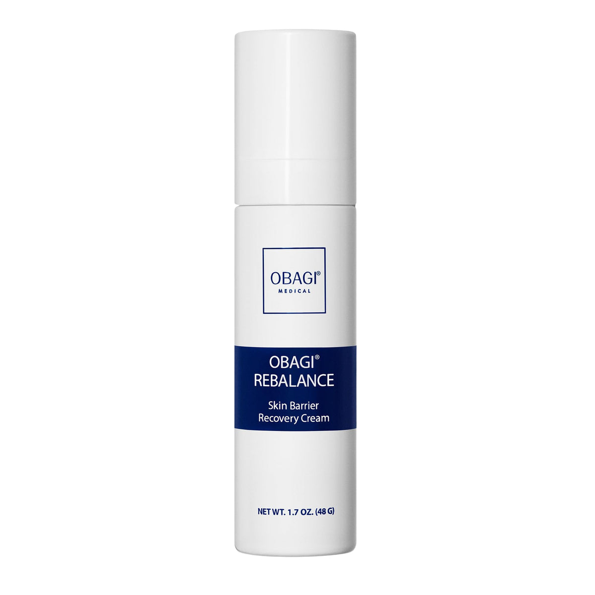 Obagi Rebalance cream tube dispensing close-up for lightweight barrier support.