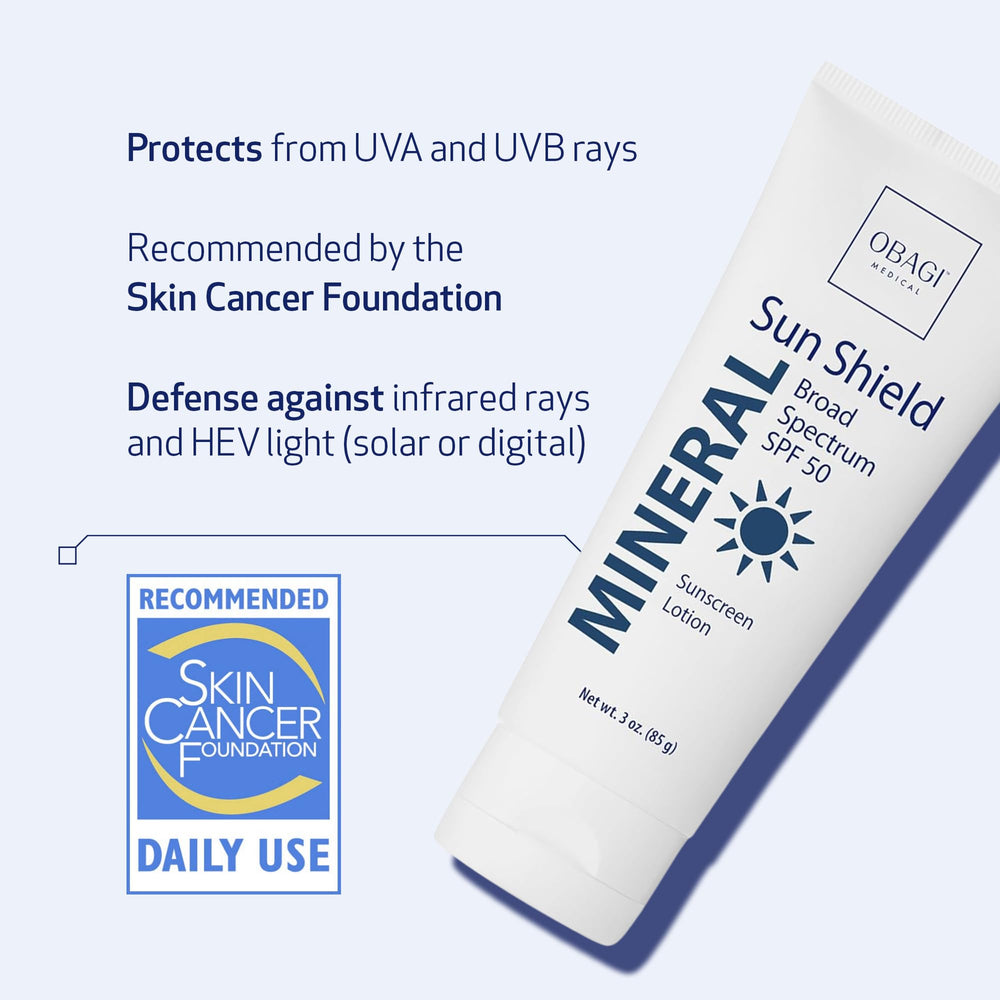 Obagi Sun Shield bottle demonstrates sheer, quick-absorbing SPF 50 protection
