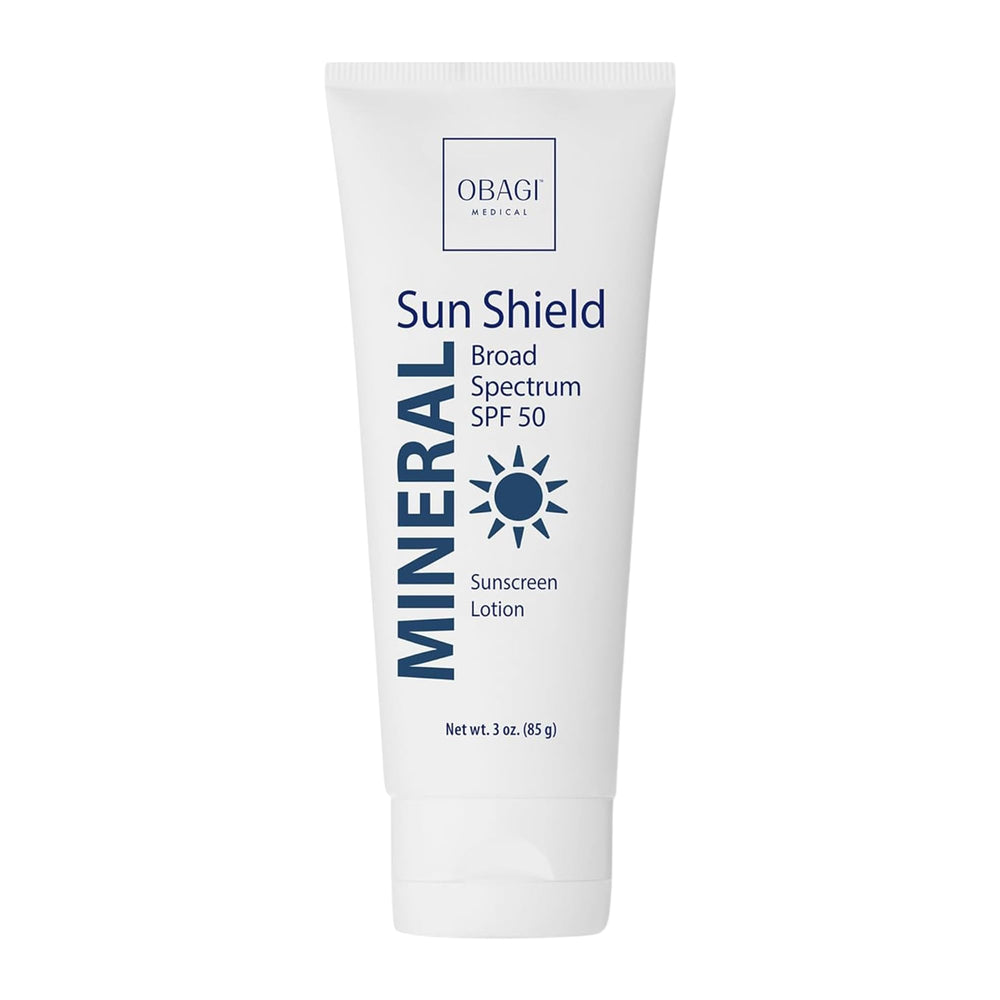 Obagi Sun Shield packaging shows hypoallergenic mineral sunscreen for daily use
