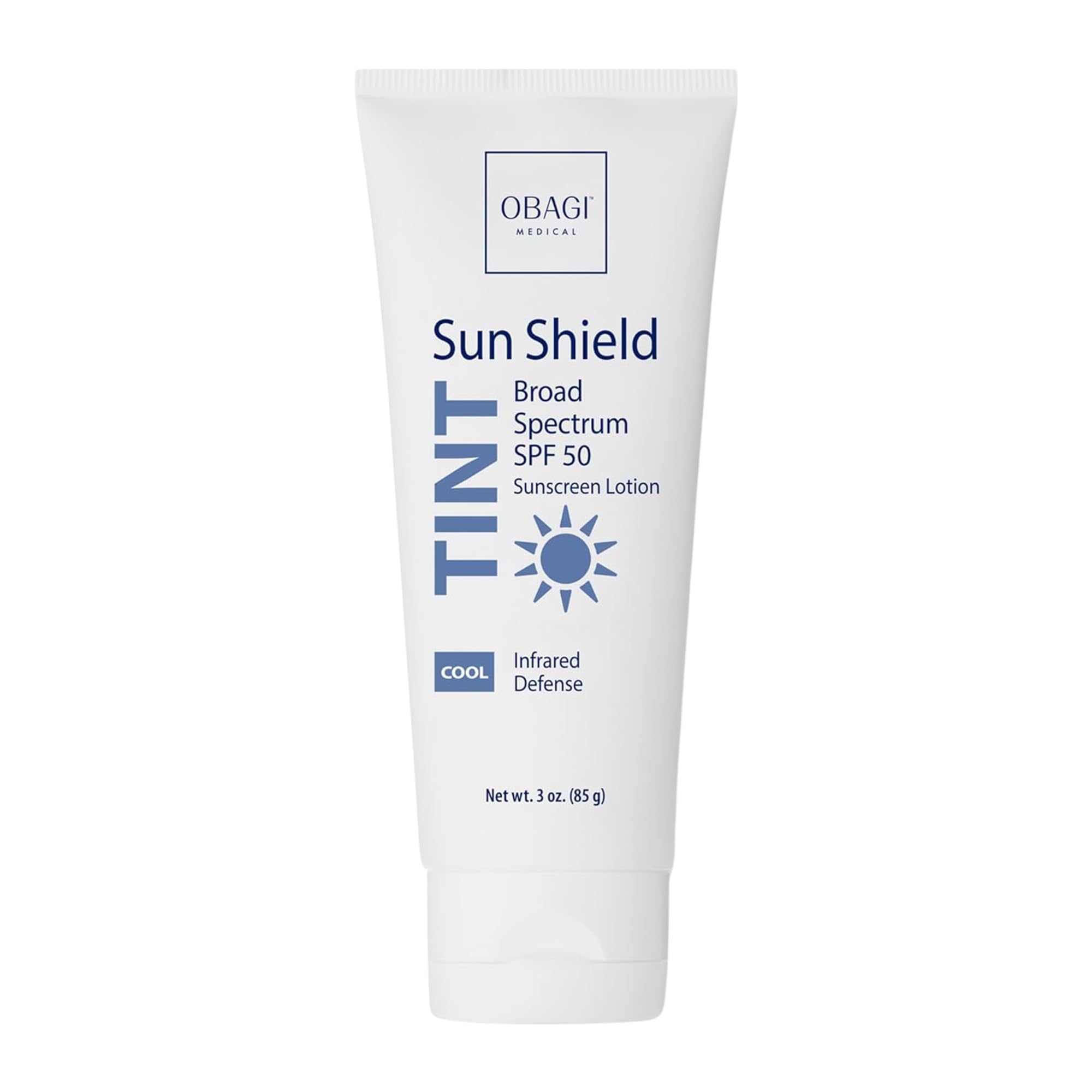 Obagi Sun Shield tinted sunscreen bottle with sheer cooling tint for even skin tone.