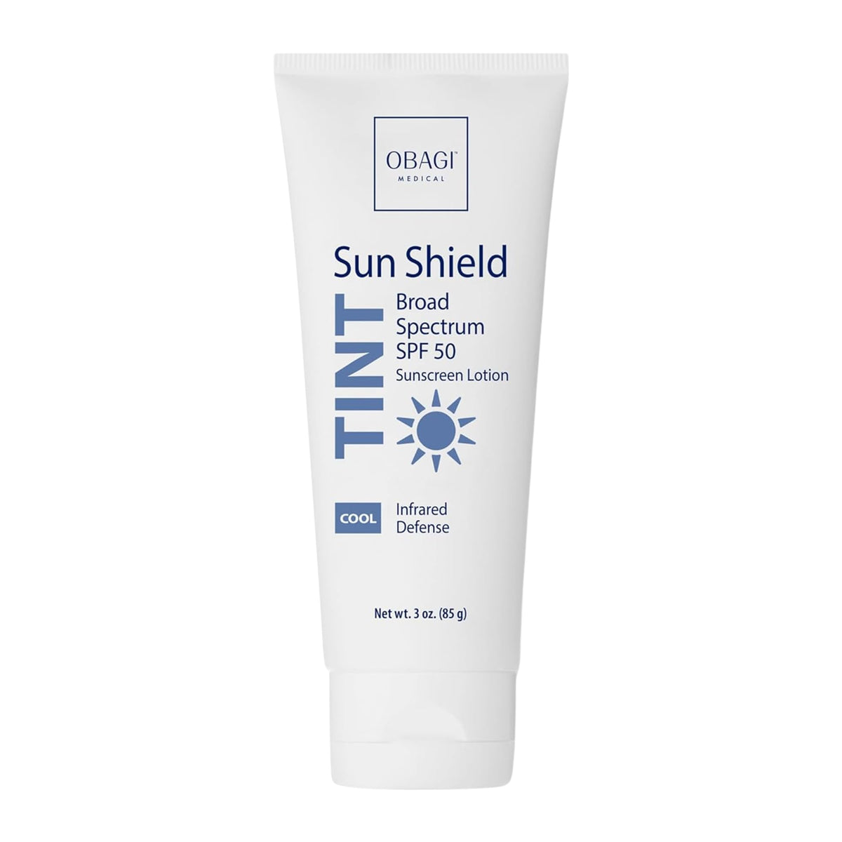 Obagi Sun Shield tinted sunscreen bottle with sheer cooling tint for even skin tone.