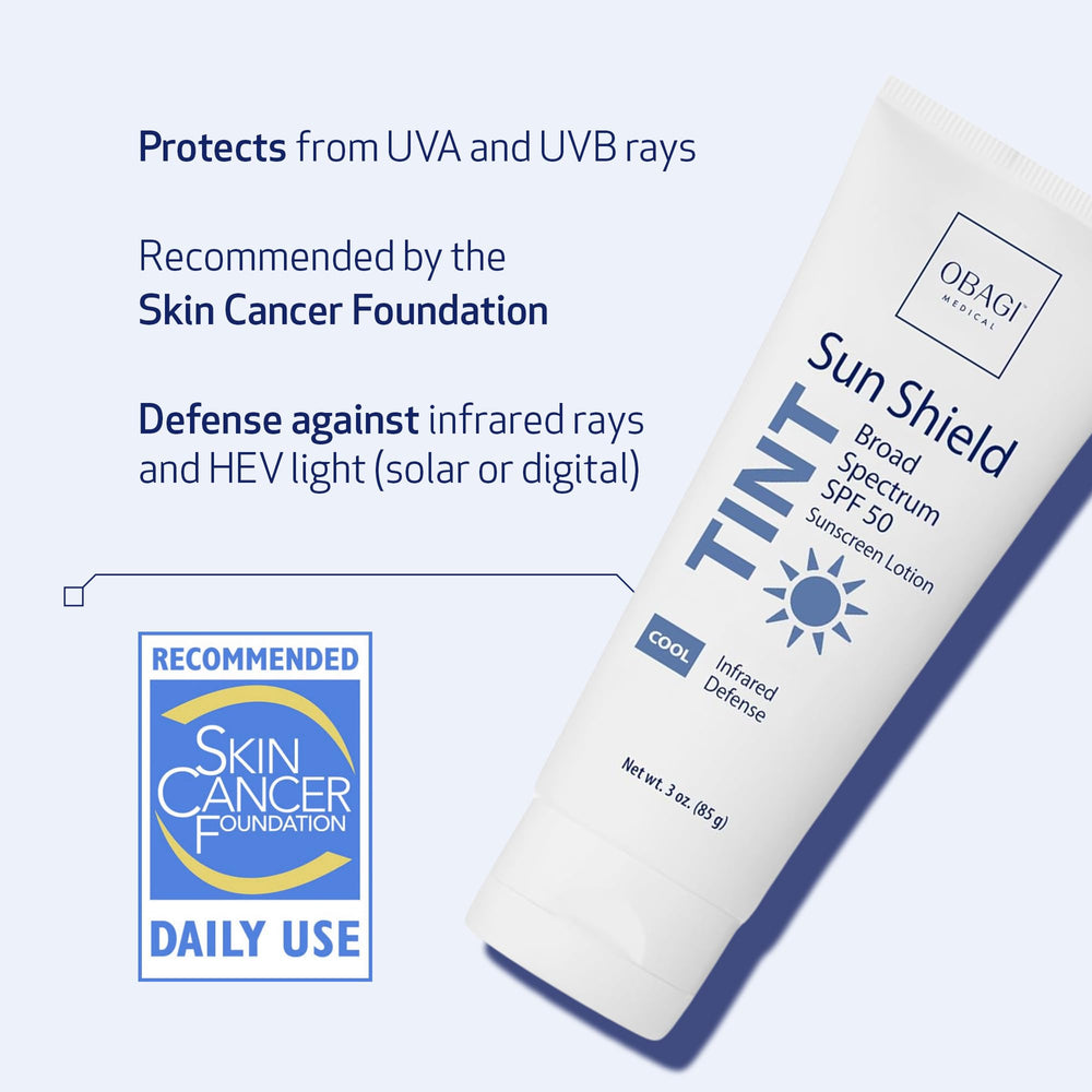 Obagi Sun Shield tinted sunscreen packaging emphasizing SPF 50 broad spectrum protection for daily wear.