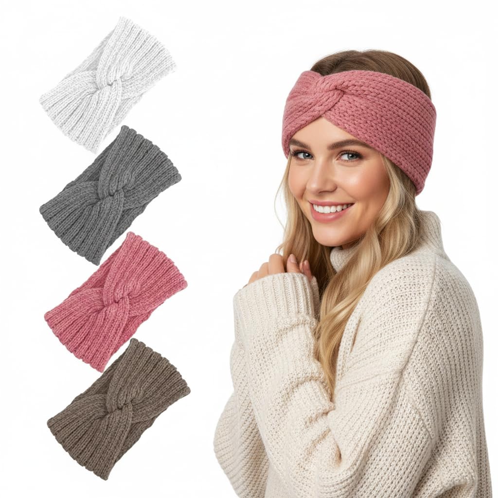 obeoby 4pc wide headband set for winter demonstrates warm and stylish versatility