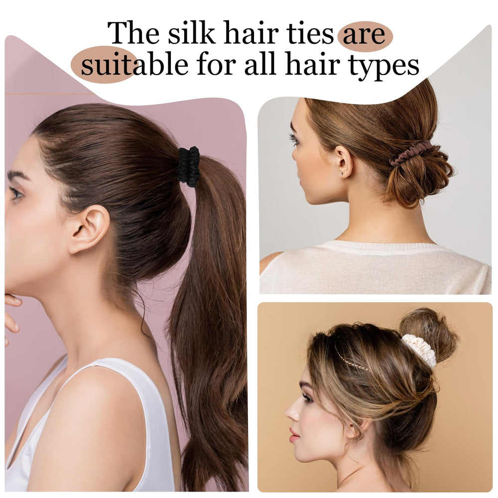 Obeoby coffee-tone silk scrunchies pair with outfits for effortless style.