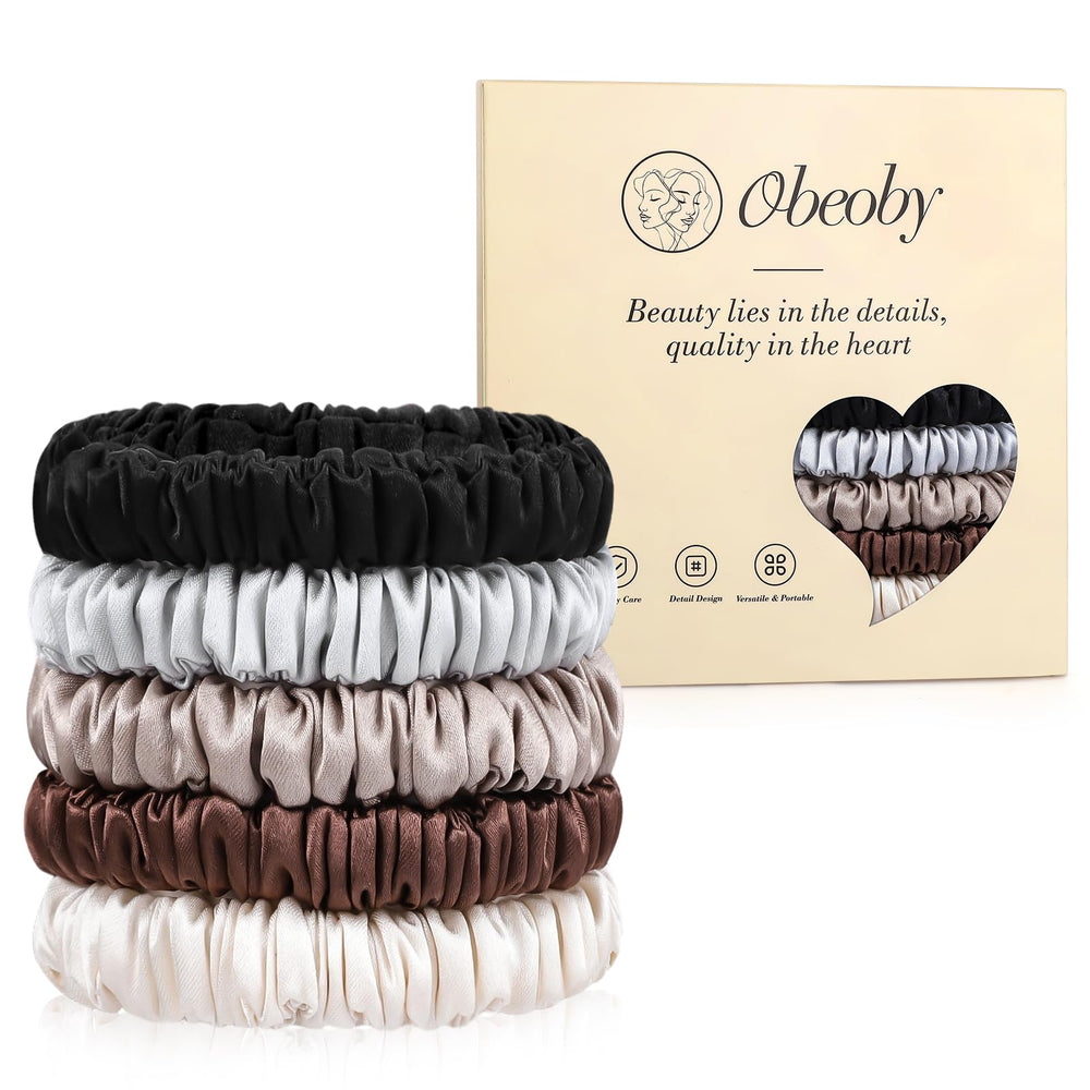 Obeoby silk skinny scrunchies 5pc coffee collection for gentle, snag-free wear.