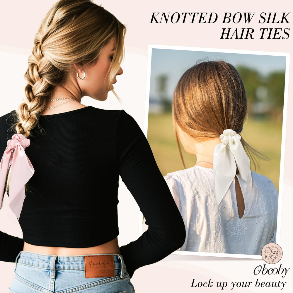 obeoby satin bow scrunchie close-up showing silky texture and gentle hair grip