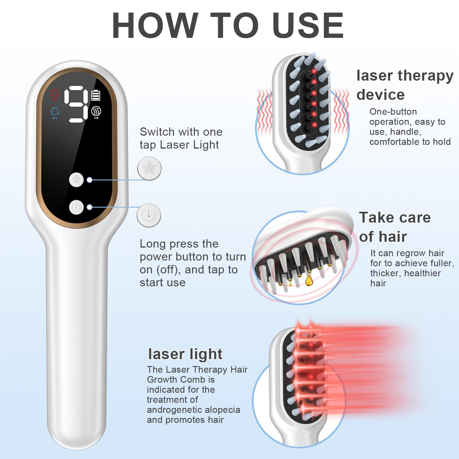 Obiredk Laser Hair Growth Comb in use on scalp illustrates focused laser for potential hair growth support.