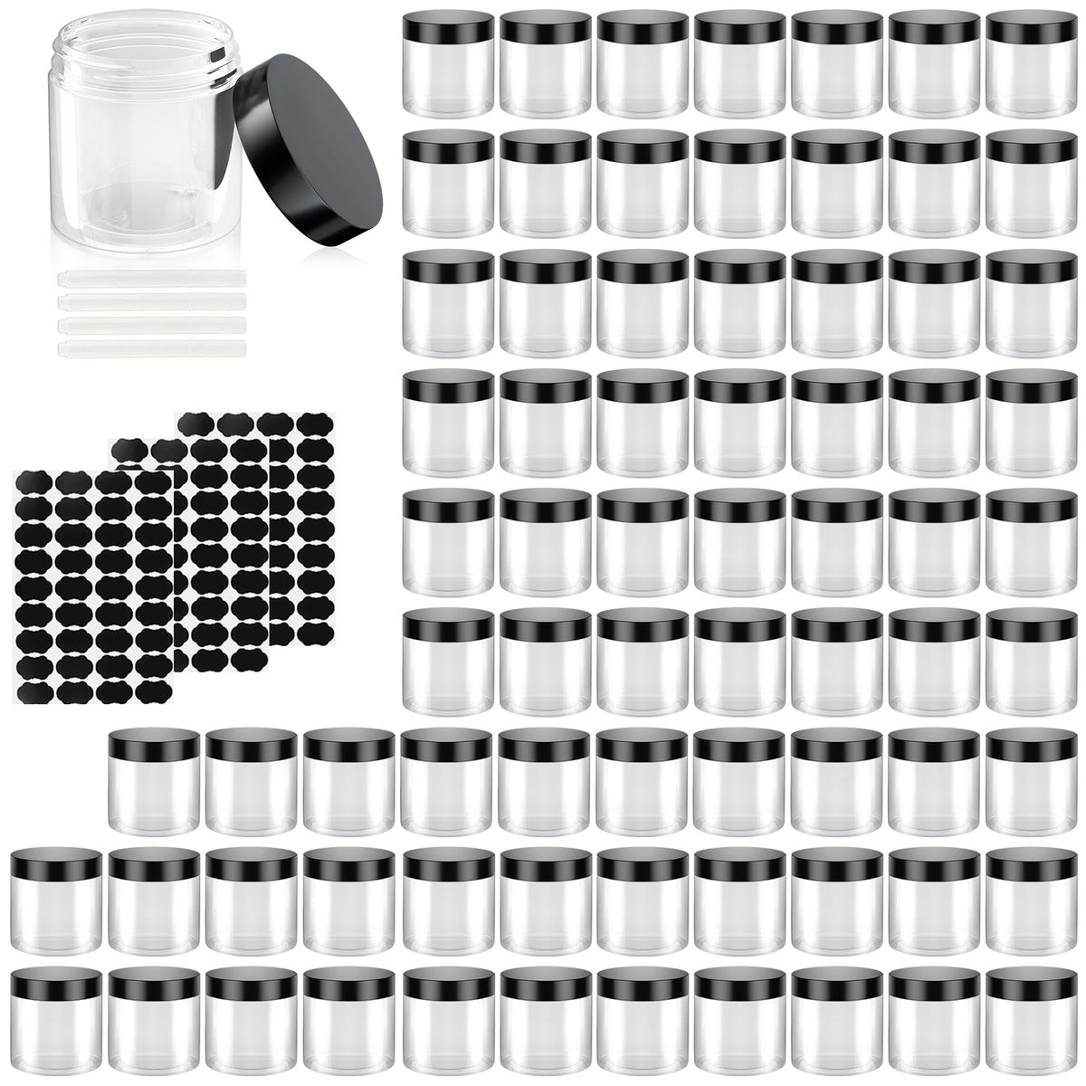 OBKJJ 60-pack clear 4oz containers with lids, travel-friendly leakproof design for cosmetics.