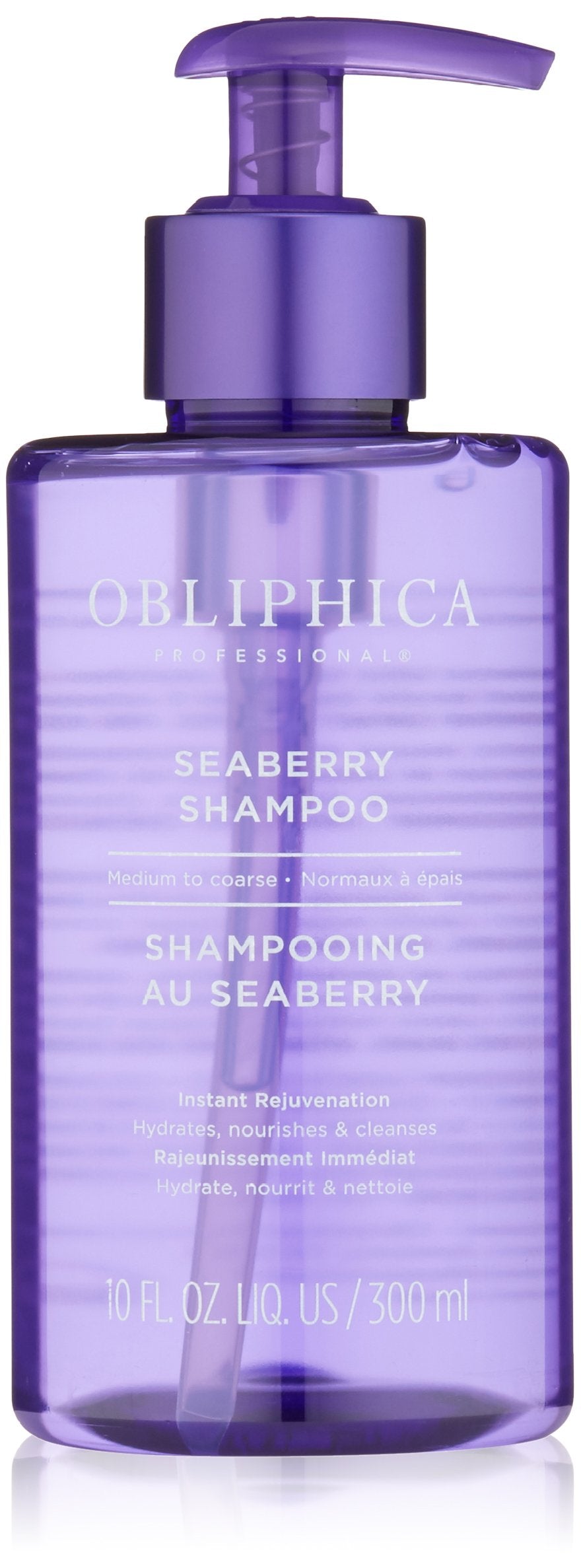 Obliphica Professional Seaberry Shampoo bottle demonstrates nourishing, frizz-control potential.