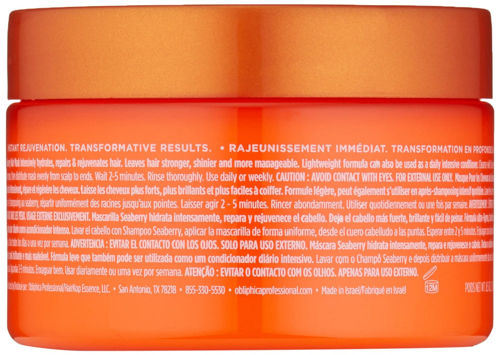 Obliphica Seaberry Hair Mask ingredients graphic emphasizing omega-rich formula.