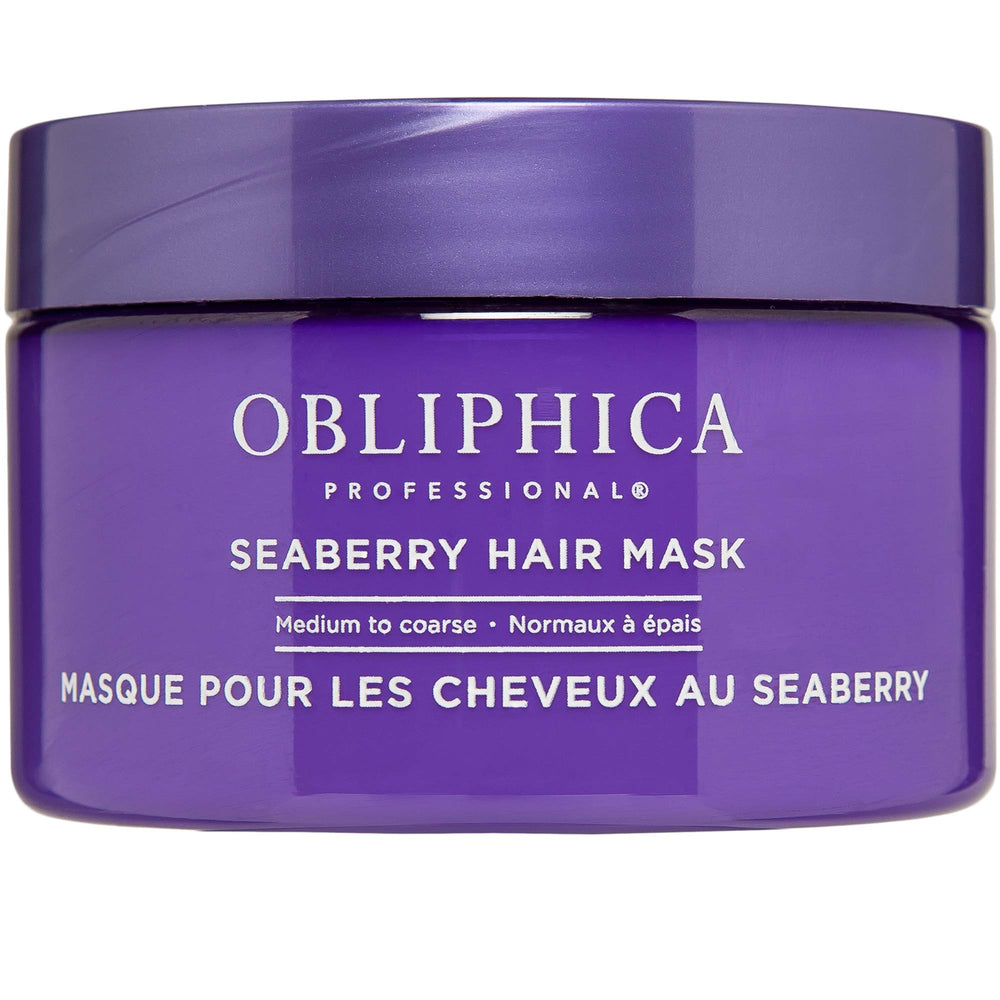 Obliphica Seaberry Hair Mask tub open shows rich conditioning formula for moisture