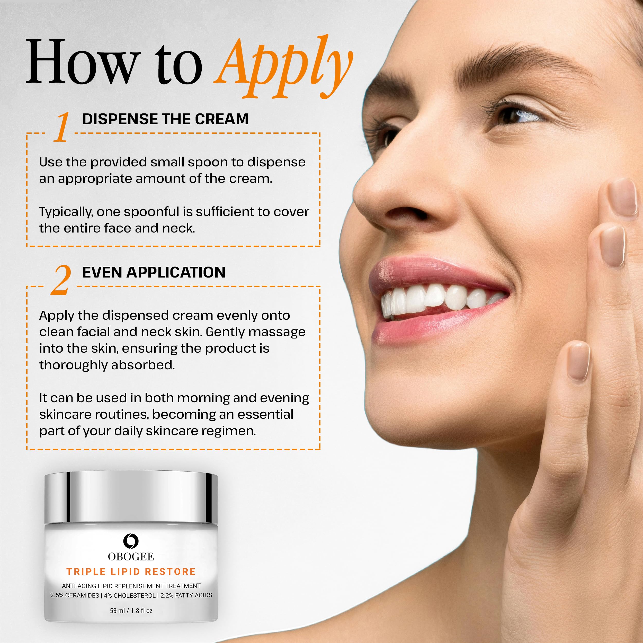 OBOGEE application on neck and décolletage demonstrates full-skincare coverage.