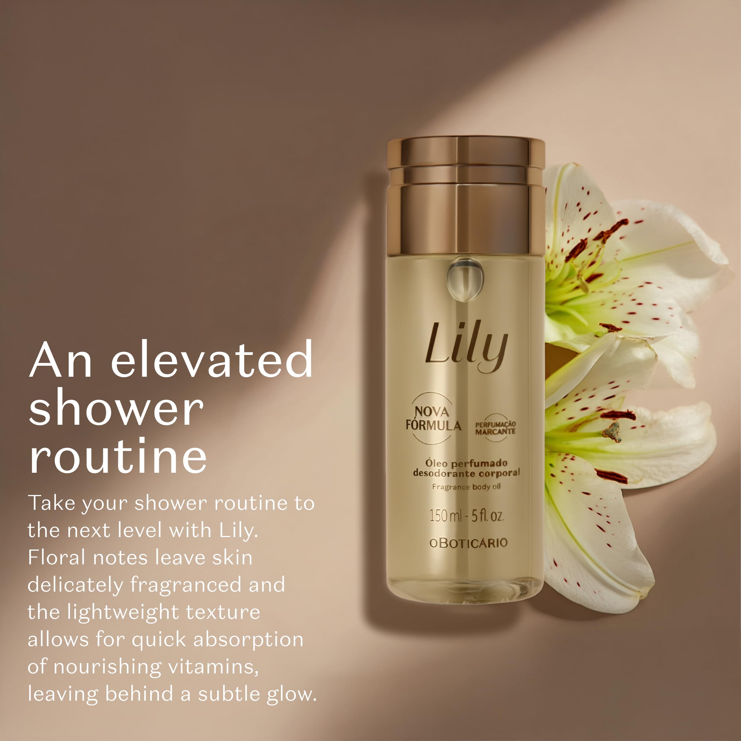 O Boticário Lily Body Oil packaging showcases eco-conscious bottle for sustainable luxury.
