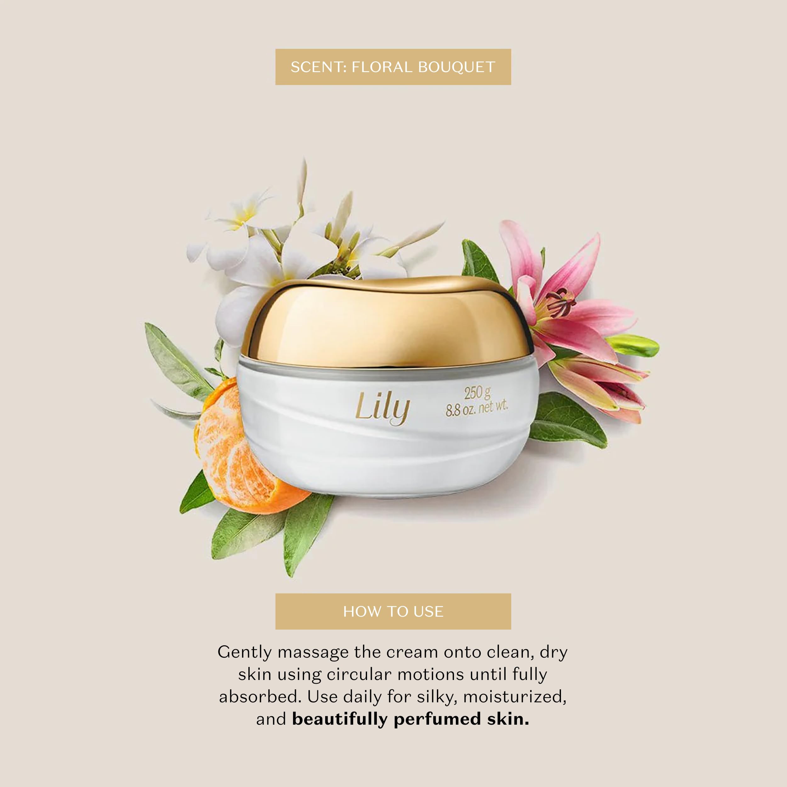 Skin application image demonstrates smooth glide and nourishing feel.